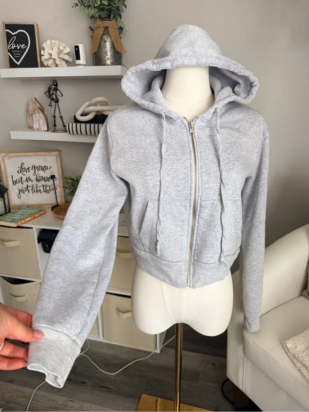 Brandy Melville Light Gray Cropped Zip Hoodie